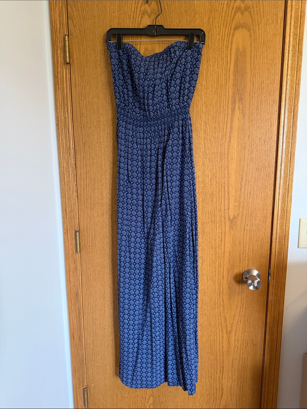 Abercrombie & Fitch Navy Blue Patterned Strapless Maxi Dress